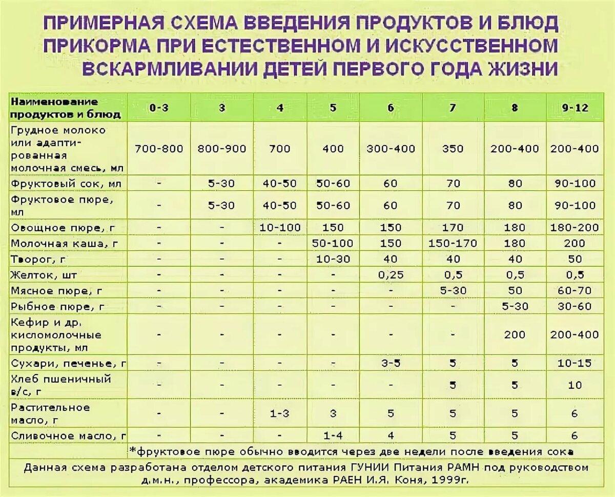 Схема ввода новых продуктов грудничкам от РАМН