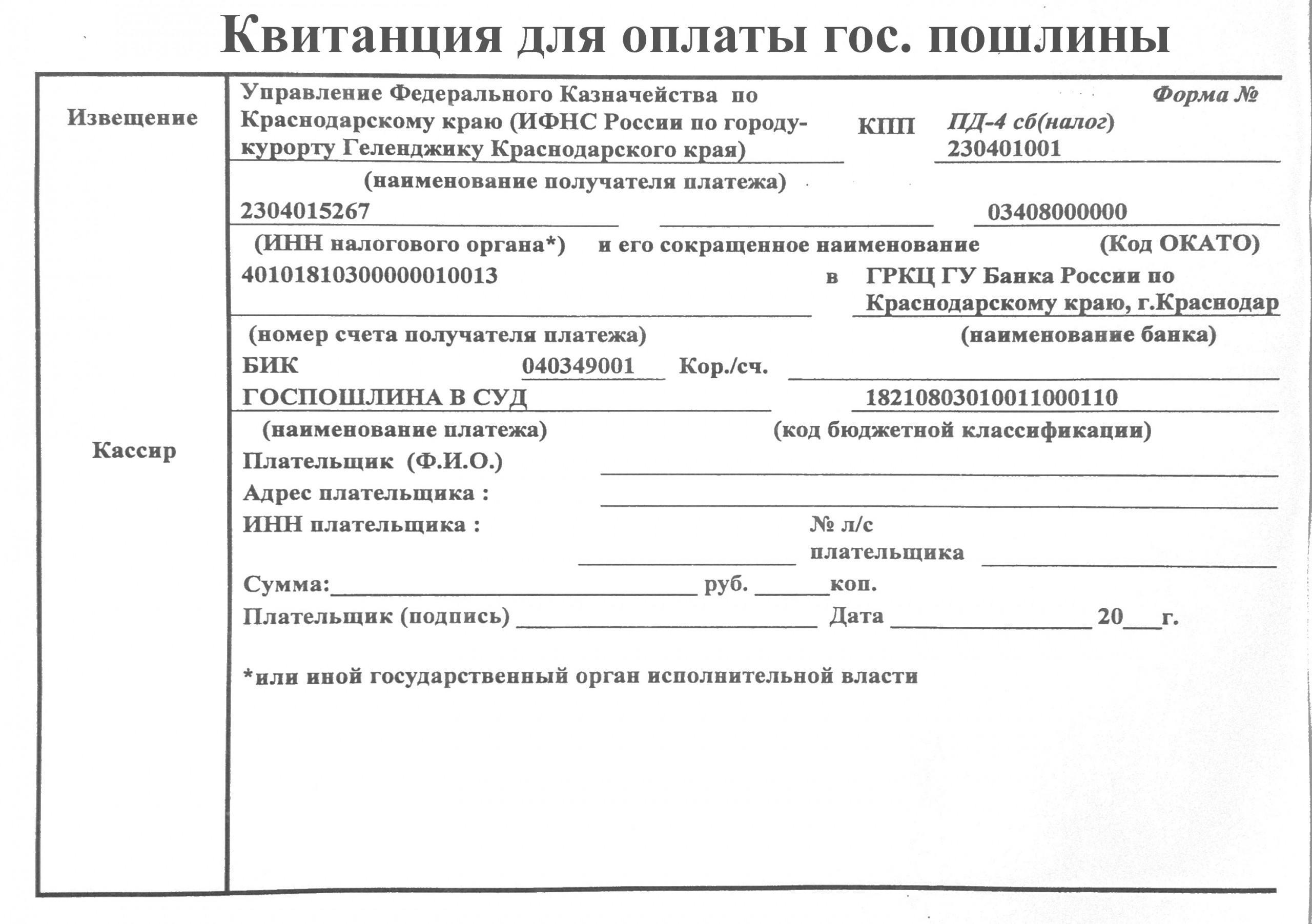 Образец квитанции по оплате государственной пошлины при выдаче повторного свидетельства